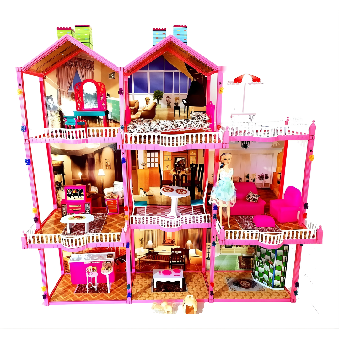 Casa de Muñecas Gigante 3 Pisos “Dream House” con Luz + Muñeca – 245 Piezas (Rosa)