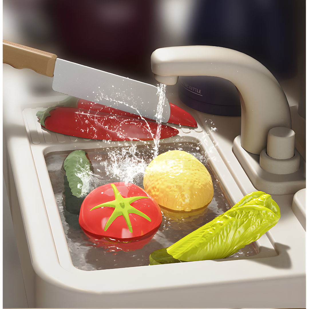 Cocina Infantil SY 88 Piezas con Spray Real (Agua) + Luces y Sonidos | Pizarra, Reciclaje y Dispensador (Modelo 285531)