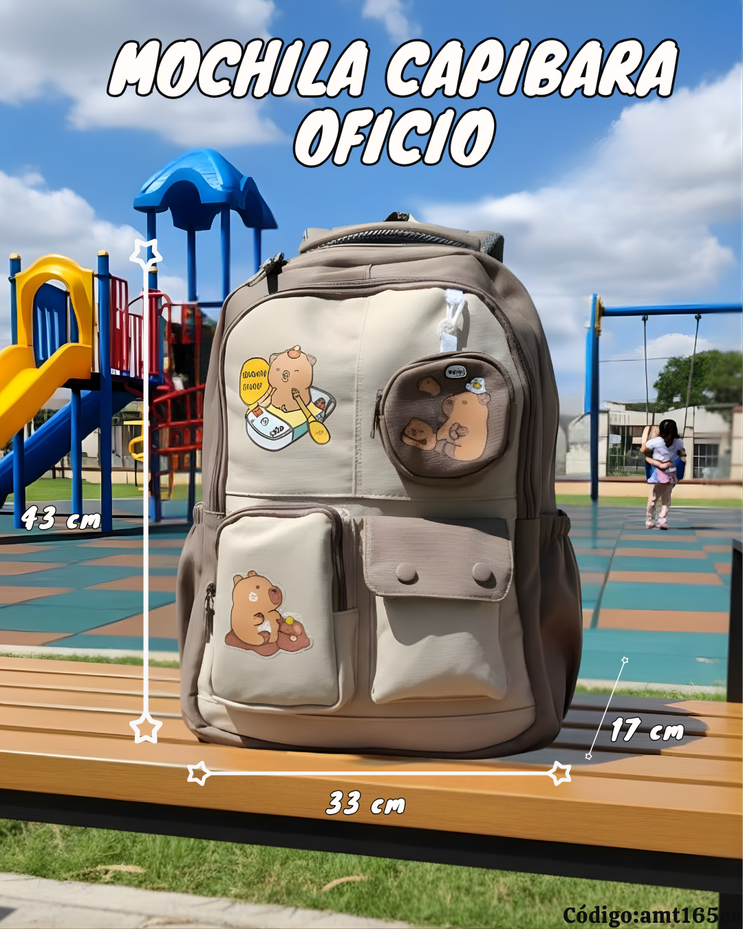 Mochila Escolar Capibara Tamaño Oficio 43×32×17 cm | Lona Semiimpermeable + Estuche Colgante
