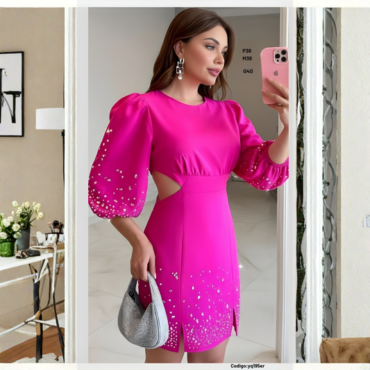 Vestido Mini con Mangas Globo y Brillos – Cintura Marcada y Corte Lateral
