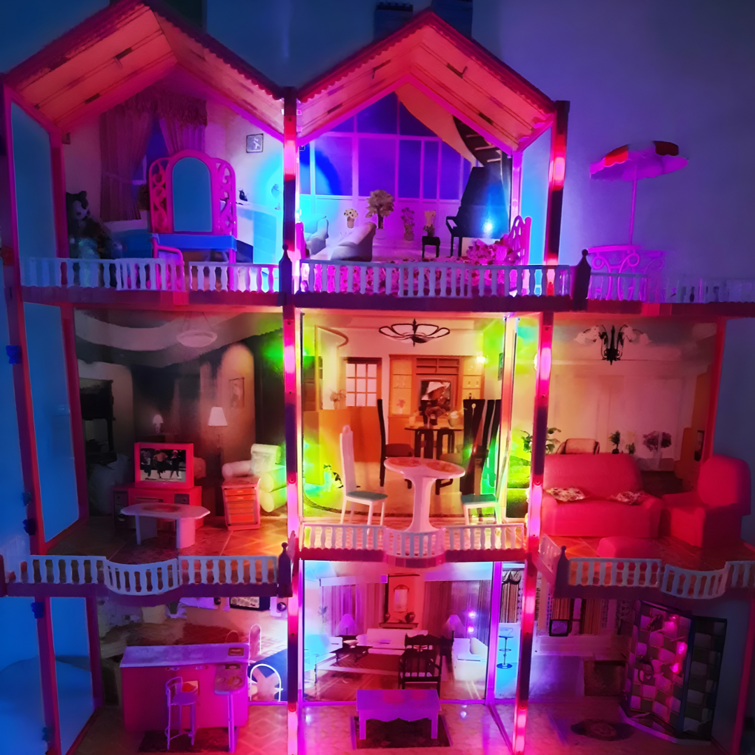Casa de Muñecas Gigante 3 Pisos “Dream House” con Luz + Muñeca – 245 Piezas (Rosa)