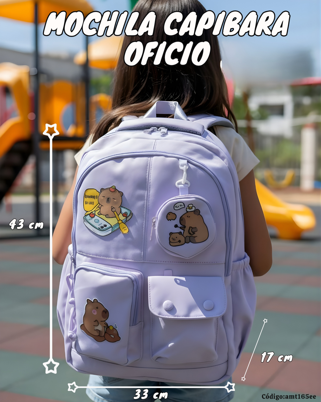 Mochila Escolar Capibara Tamaño Oficio 43×32×17 cm | Lona Semiimpermeable + Estuche Colgante