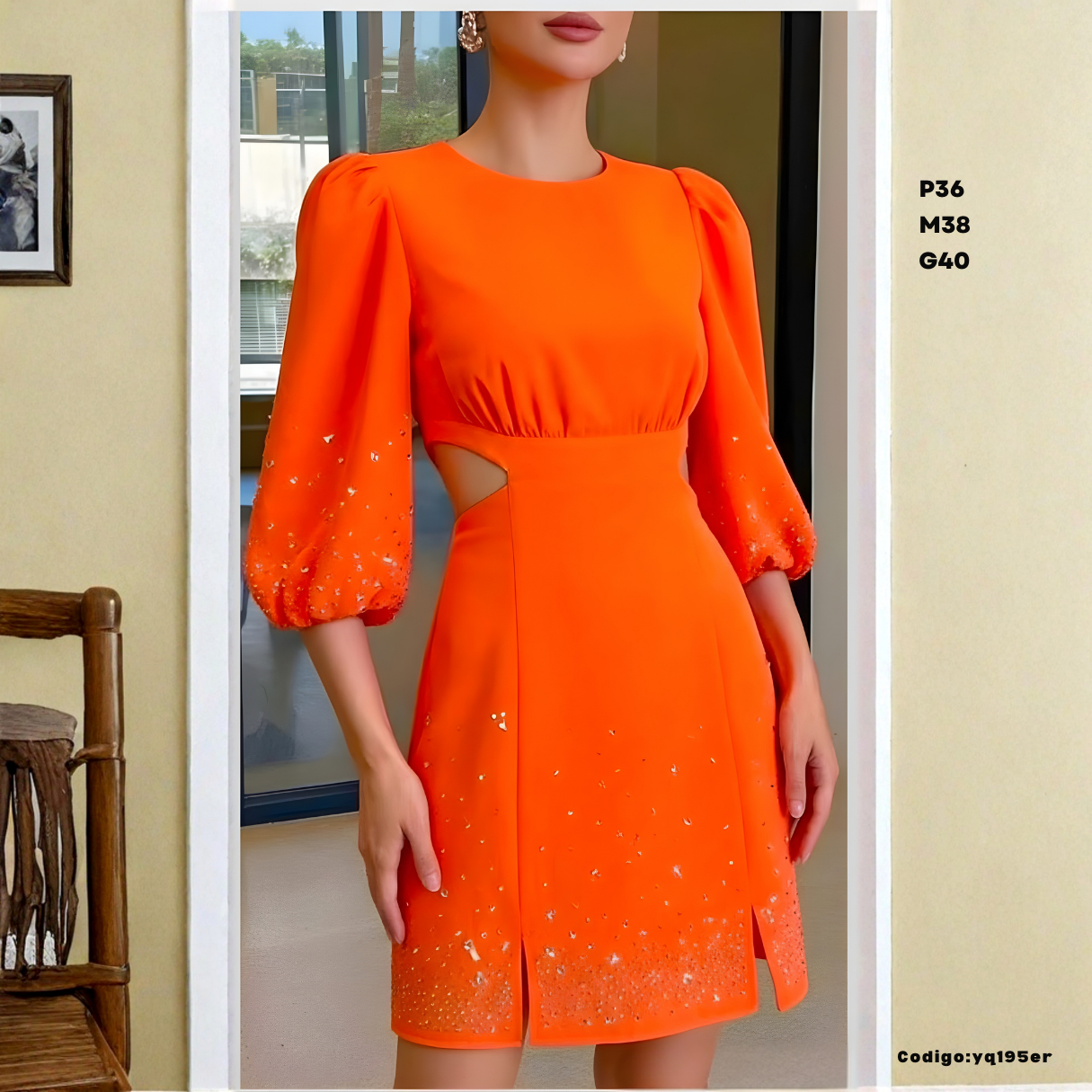 Vestido Mini con Mangas Globo y Brillos – Cintura Marcada y Corte Lateral