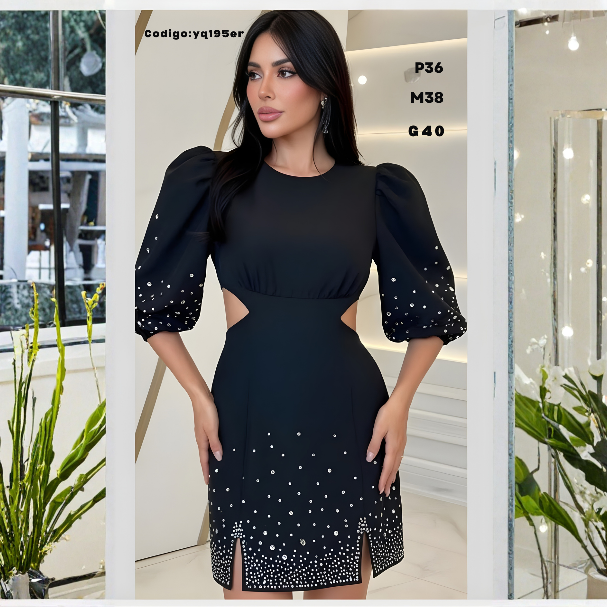 Vestido Mini con Mangas Globo y Brillos – Cintura Marcada y Corte Lateral