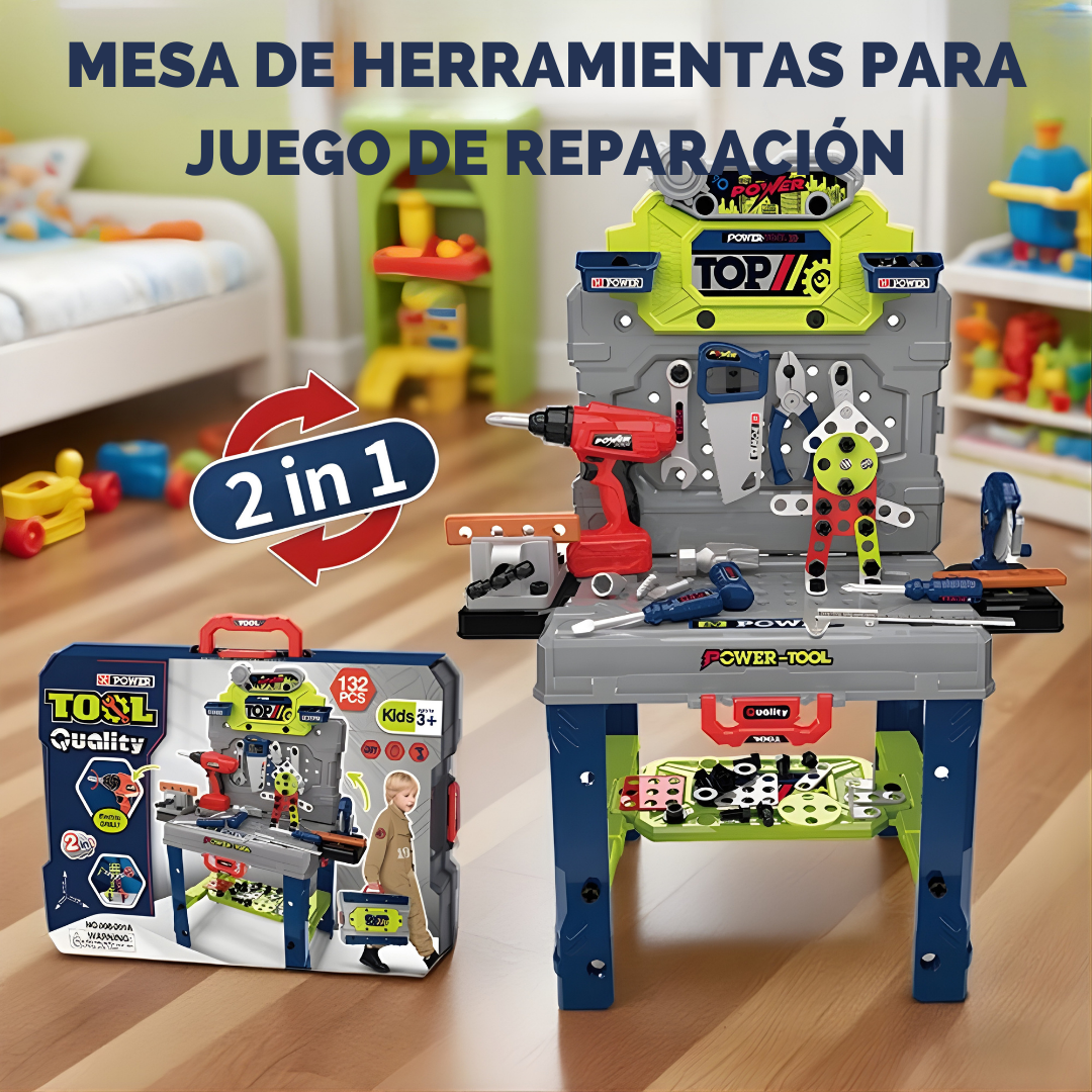 Mesa de Herramientas Infantil 2 en 1 | Taller de Juego de Rol Educativo