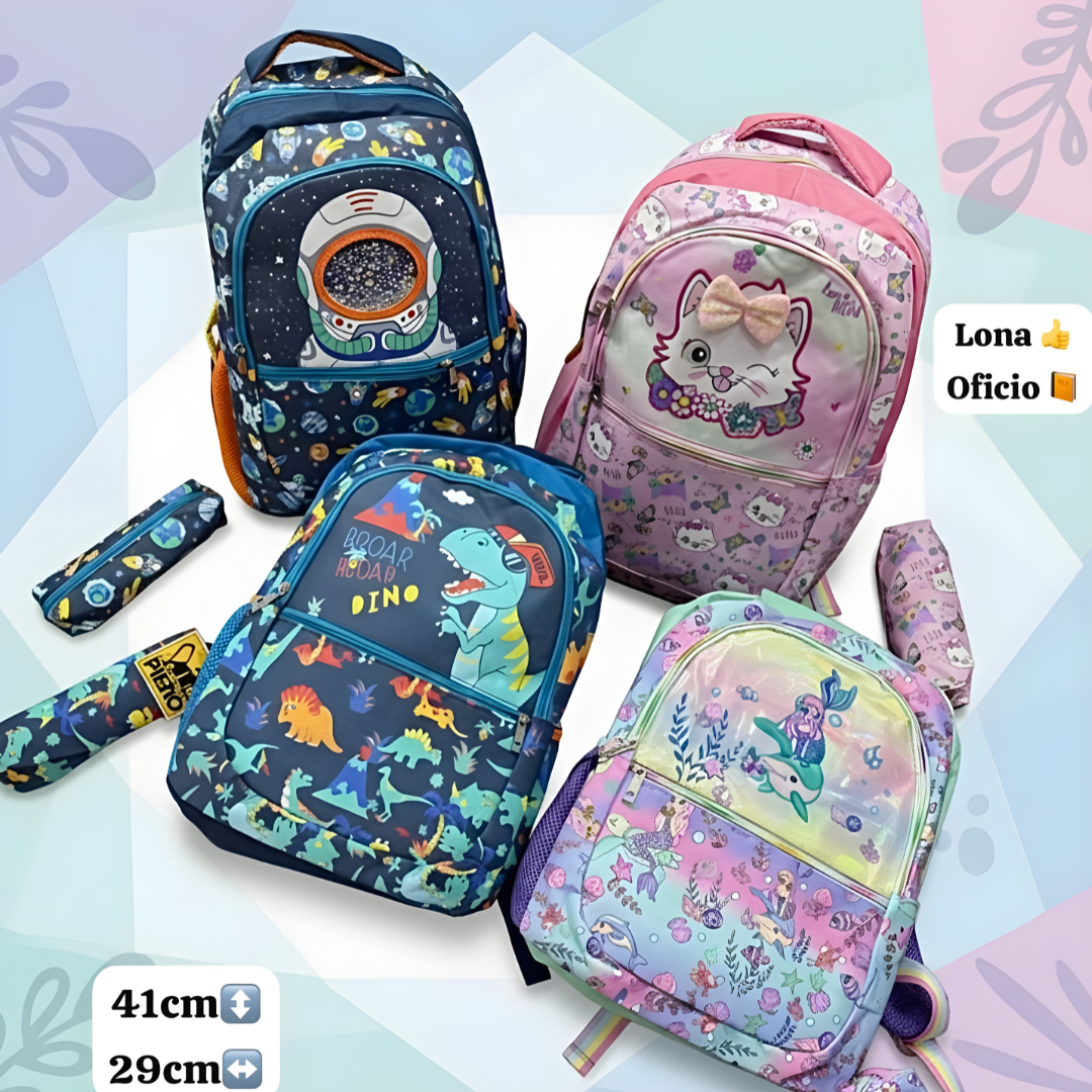Mochila Escolar Infantil Lona Oficio – Astronauta, Dino, Gatito y Fantasía