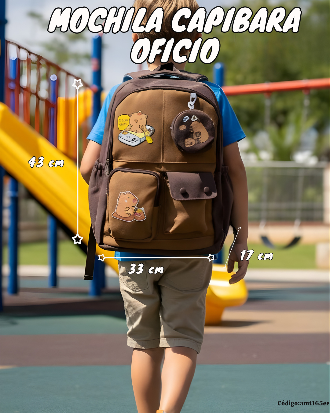 Mochila Escolar Capibara Tamaño Oficio 43×32×17 cm | Lona Semiimpermeable + Estuche Colgante