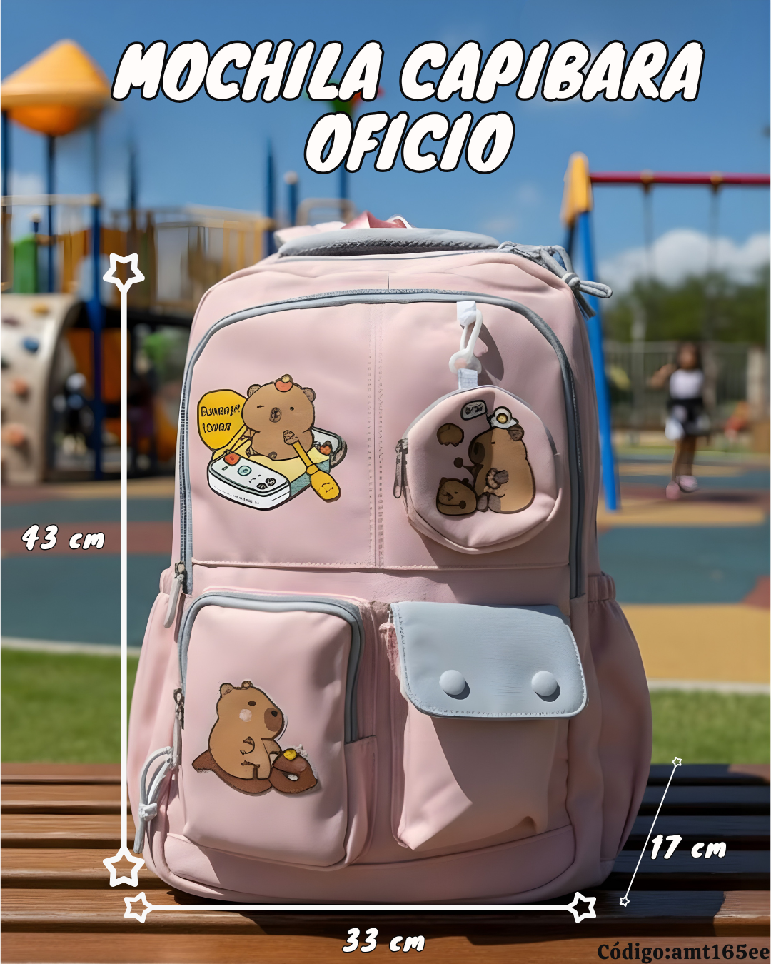 Mochila Escolar Capibara Tamaño Oficio 43×32×17 cm | Lona Semiimpermeable + Estuche Colgante