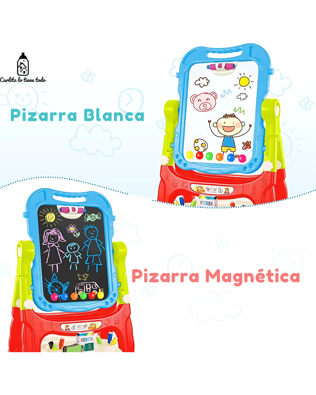 Pizarra Infantil Magnética 2 en 1 Doble Cara (Blanca/Negra) Giratoria 360° con Accesorios