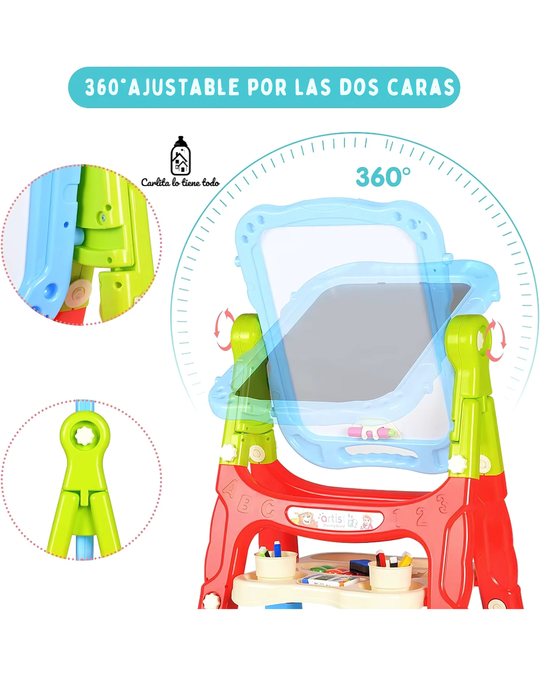 Pizarra Infantil Magnética 2 en 1 Doble Cara (Blanca/Negra) Giratoria 360° con Accesorios