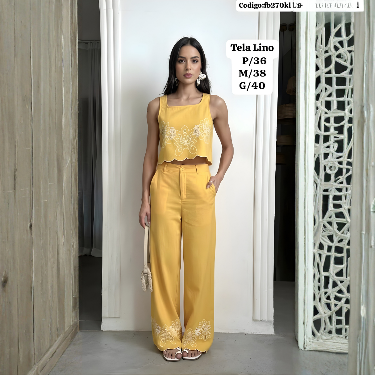 Conjunto Lino Premium (Top + Palazzo) con Bordado Floral — Elegancia Fresca