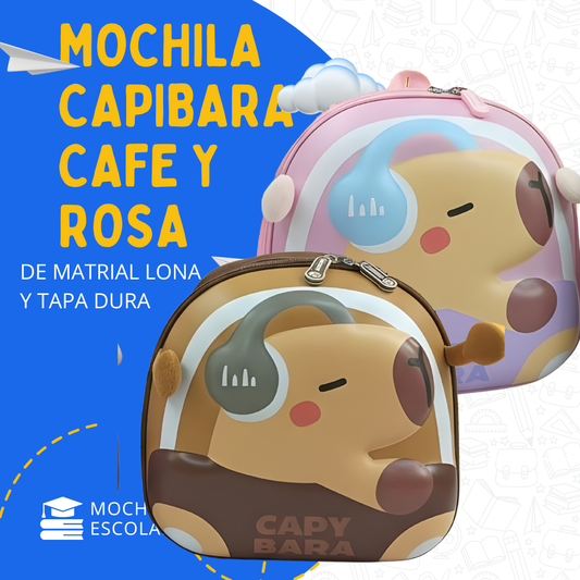 Mochila Infantil Capibara 30×30 cm | Lona + Tapa Dura 3D (Rosa / Café)