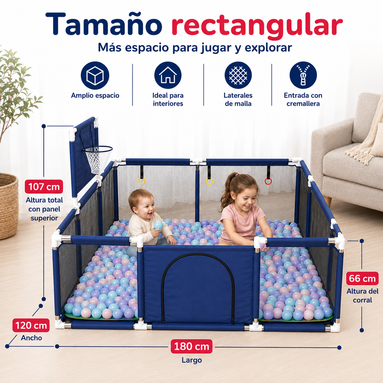 Corral para Bebé 180x120 cm con Malla y Cremallera