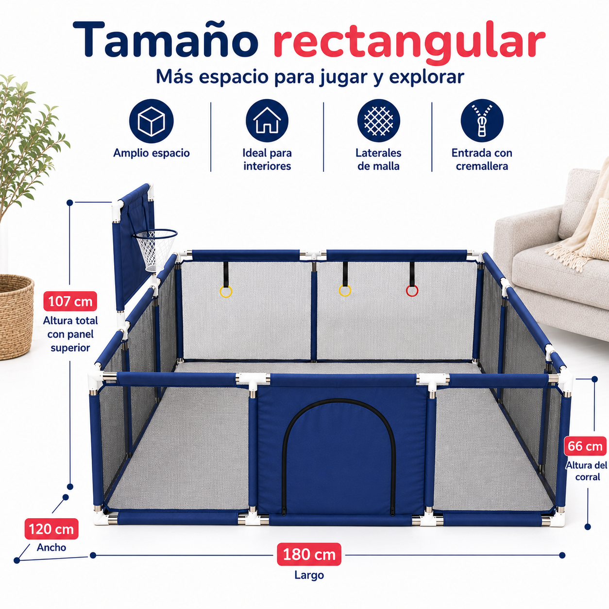 Corral para Bebé 180x120 cm con Malla y Cremallera