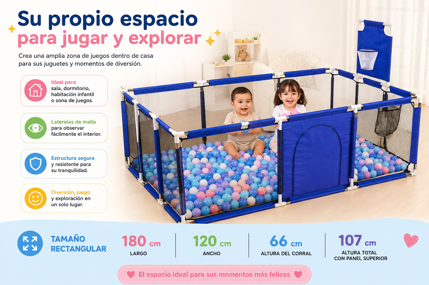 Corral para Bebé 180x120 cm con Malla y Cremallera