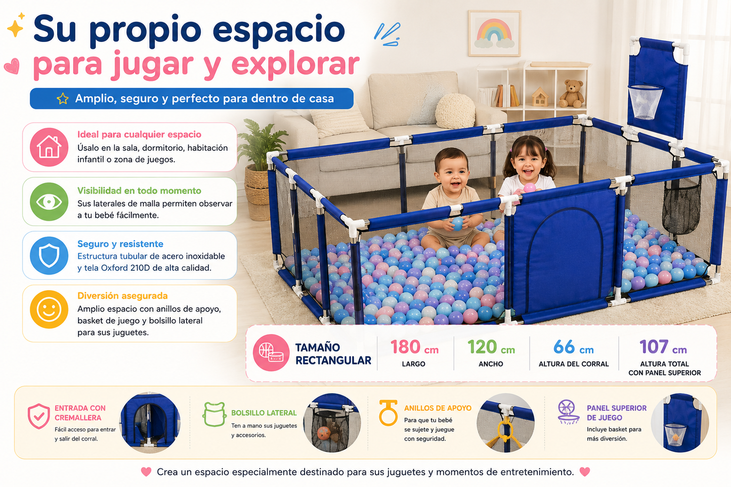 Corral para Bebé 180x120 cm con Malla y Cremallera