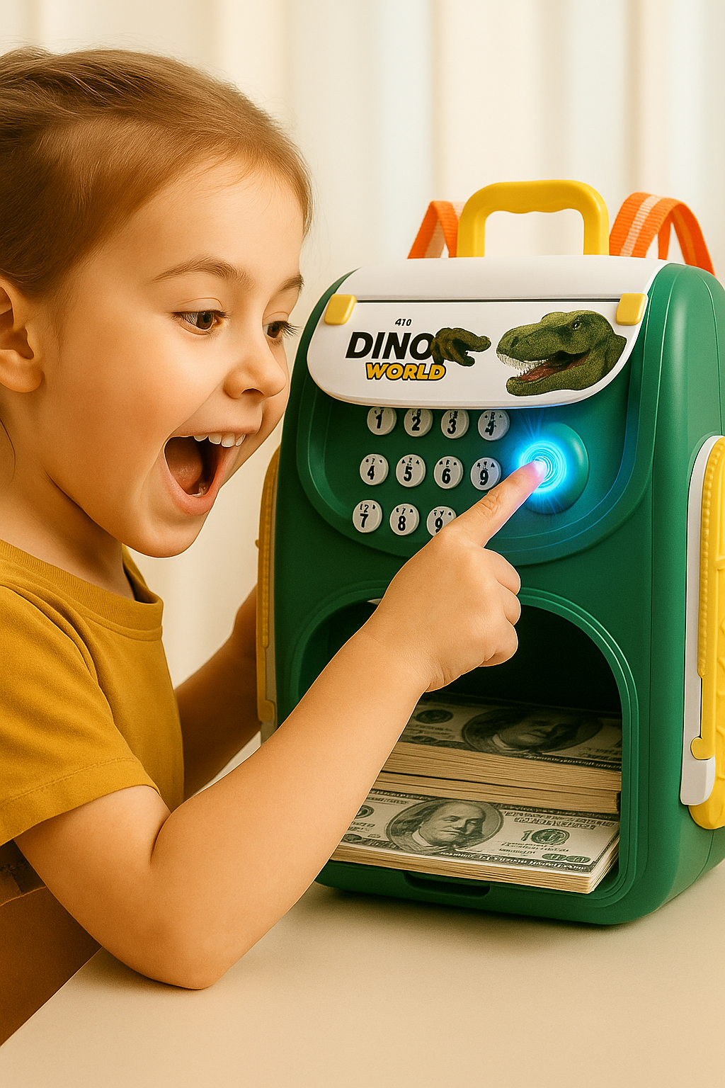 Alcancía Infantil Tipo Mochila con Contraseña y “Huella” | Alimentación Automática de Billetes