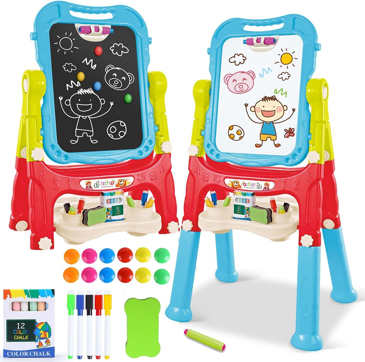 Pizarra Infantil Magnética 2 en 1 Doble Cara (Blanca/Negra) Giratoria 360° con Accesorios