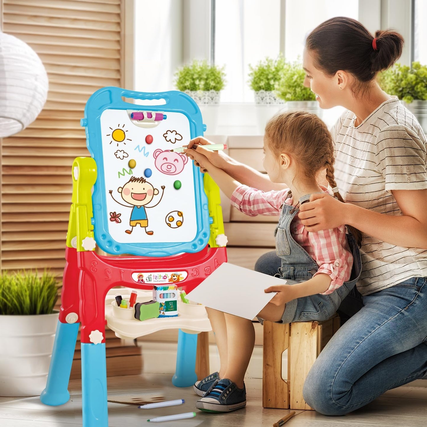 Pizarra Infantil Magnética 2 en 1 Doble Cara (Blanca/Negra) Giratoria 360° con Accesorios