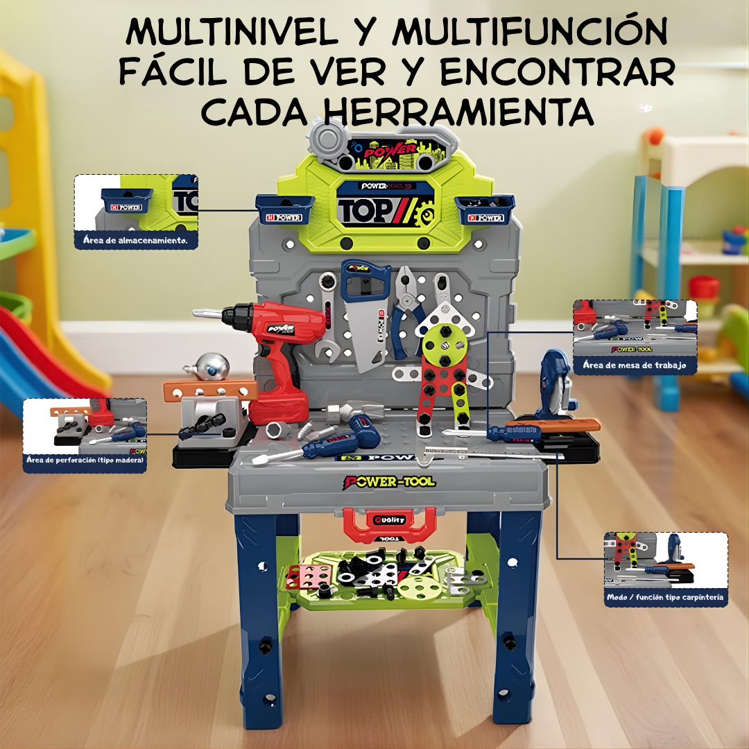 Mesa de Herramientas Infantil 2 en 1 | Taller de Juego de Rol Educativo