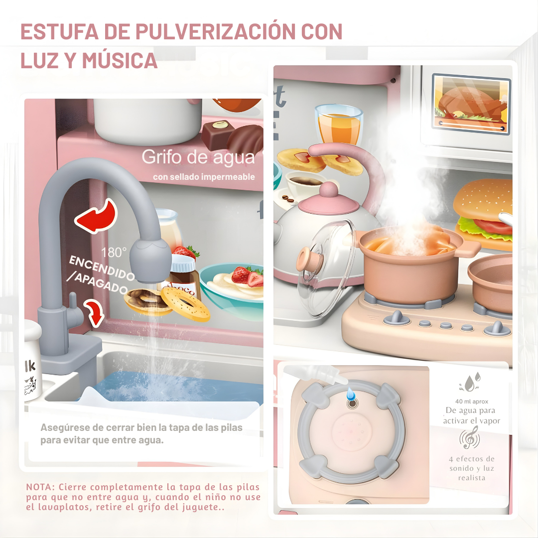 Cocina Infantil 100 cm Ancha con Agua y Luz + Hornilla Pequeña | Mundo Carlita