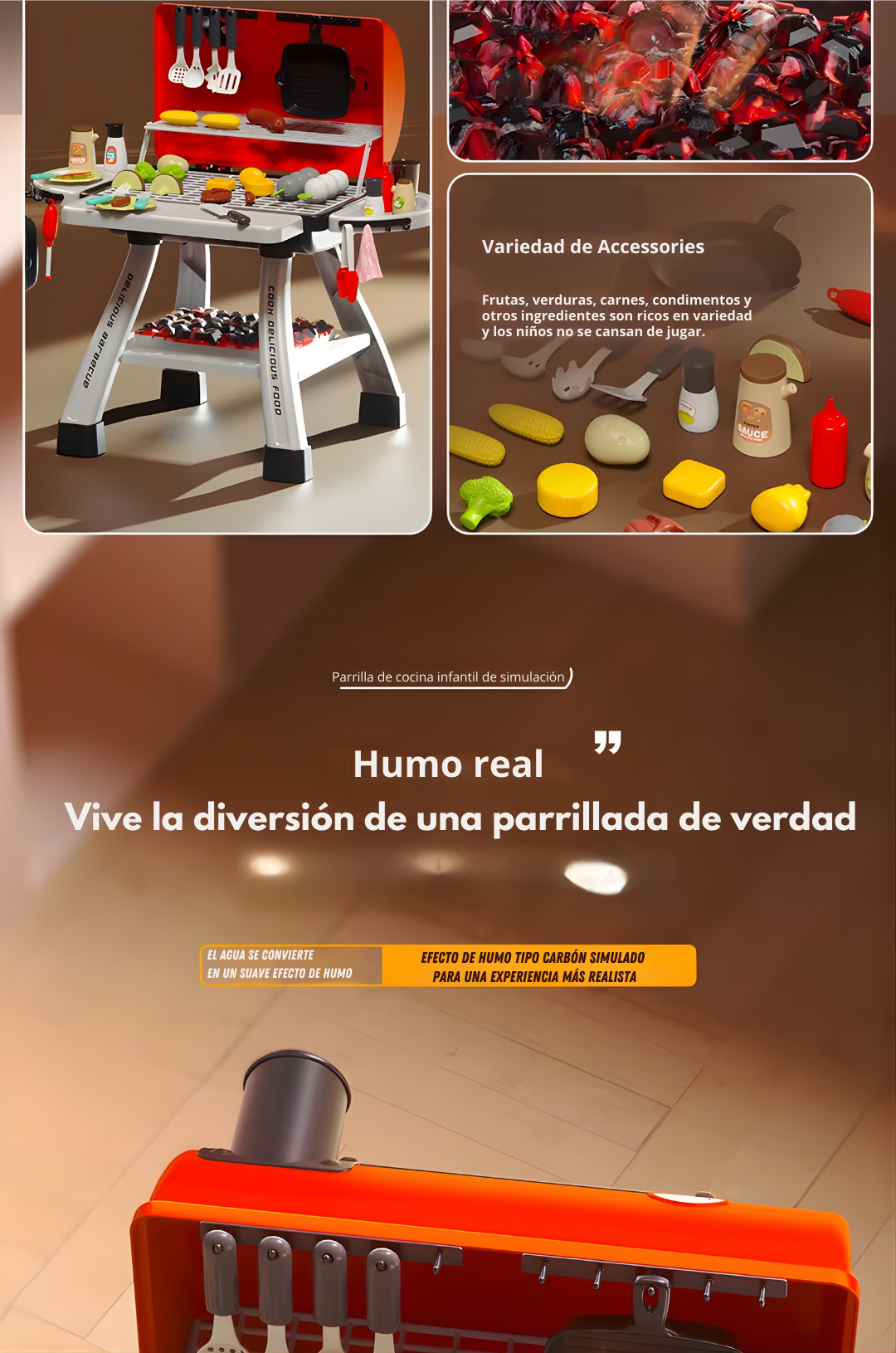 Parrilla Barbacoa Infantil 66 cm con Humo y Música | Cocina de Juguete DWI Dowellin