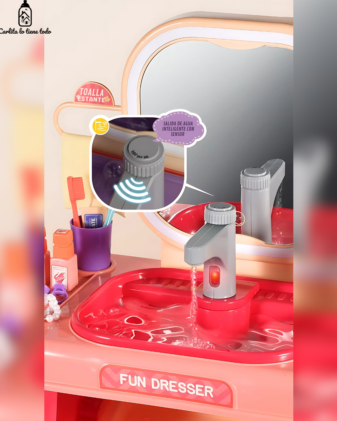 Tocador Infantil 3 en 1 con Agua Real, Luz LED y Accesorios – Juguete Educativo para Niñas