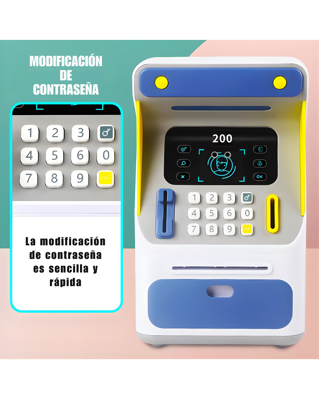 Alcancía Electrónica Infantil con “Reconocimiento Facial” + Clave | ATM para Niños 26.5 cm, Auto-Enrolle de Billetes, Gran Capacidad