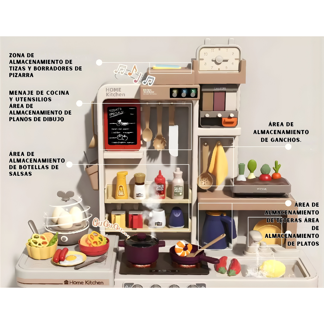 Cocina Infantil SY 88 Piezas con Spray Real (Agua) + Luces y Sonidos | Pizarra, Reciclaje y Dispensador (Modelo 285531)