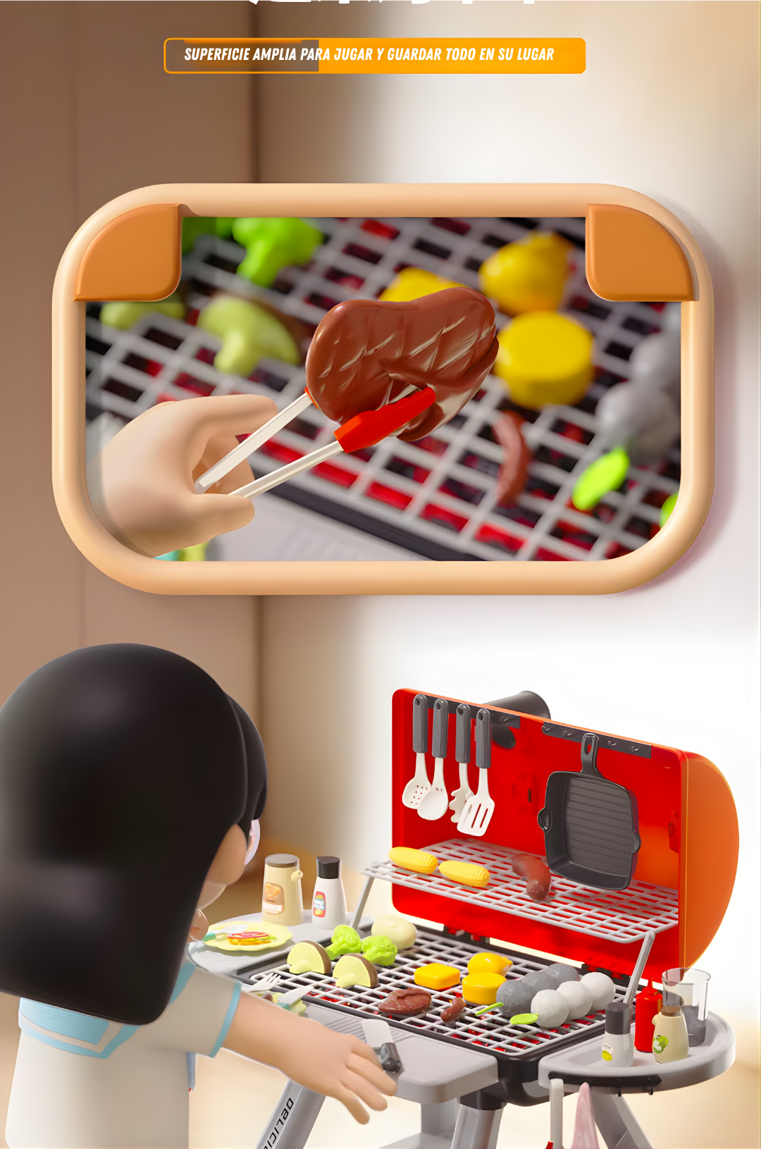 Parrilla Barbacoa Infantil 66 cm con Humo y Música | Cocina de Juguete DWI Dowellin