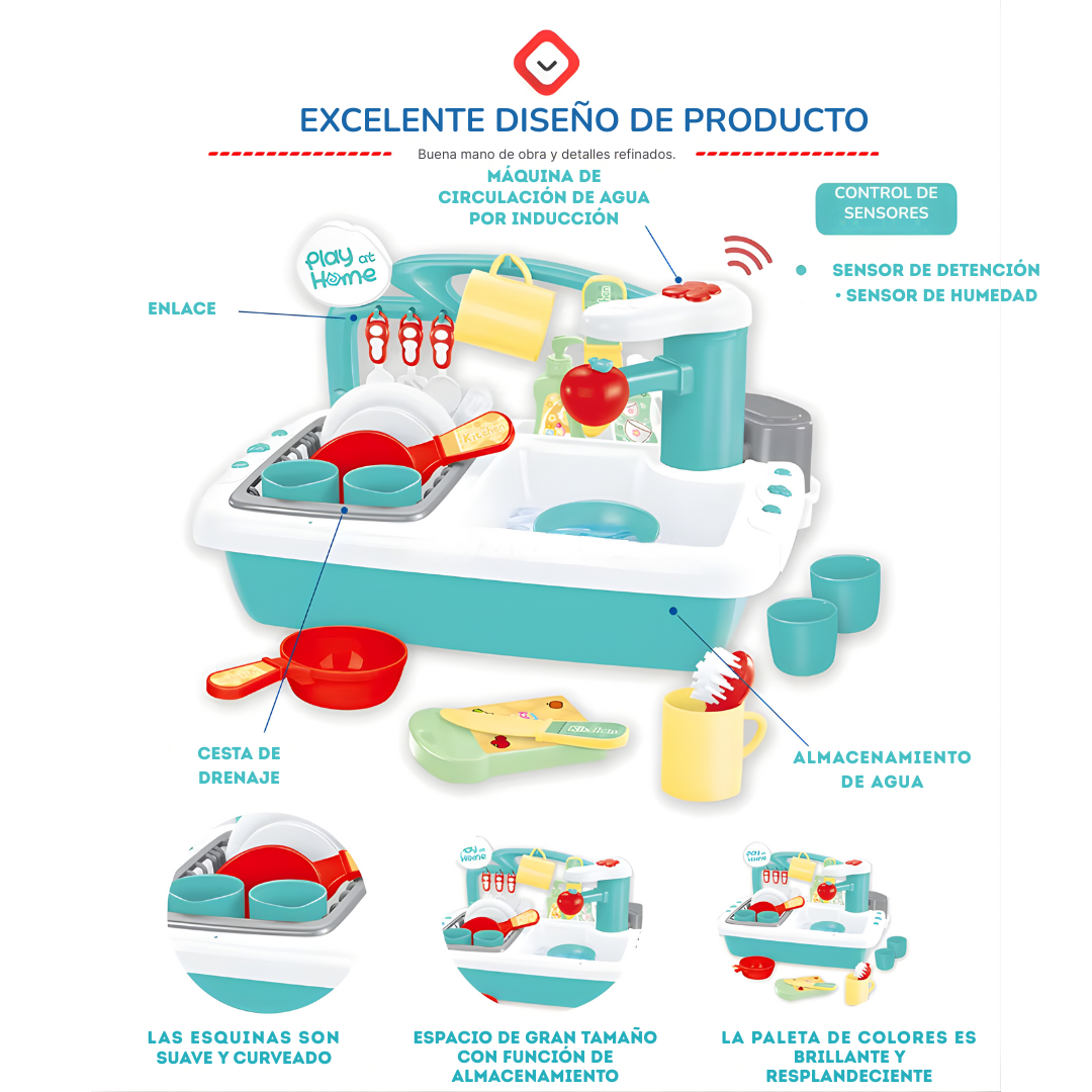 Fregadero de Juguete con Agua Corriente (Eléctrico) + Accesorios | Cocina Infantil Unisex 2–7 Años
