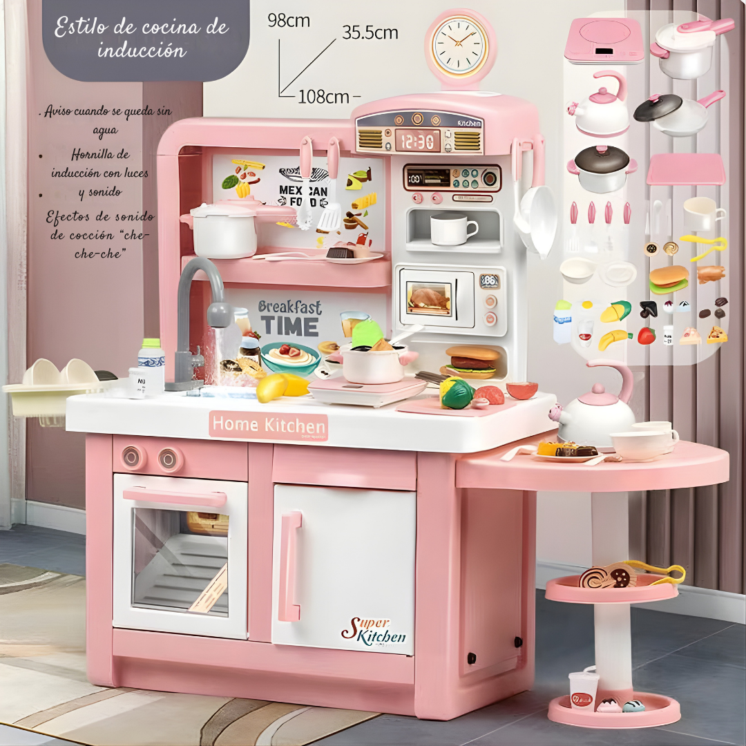 Cocina Infantil 100 cm Ancha con Agua y Luz + Hornilla Pequeña | Mundo Carlita