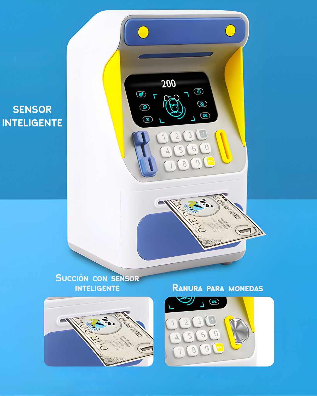 Alcancía Electrónica Infantil con “Reconocimiento Facial” + Clave | ATM para Niños 26.5 cm, Auto-Enrolle de Billetes, Gran Capacidad