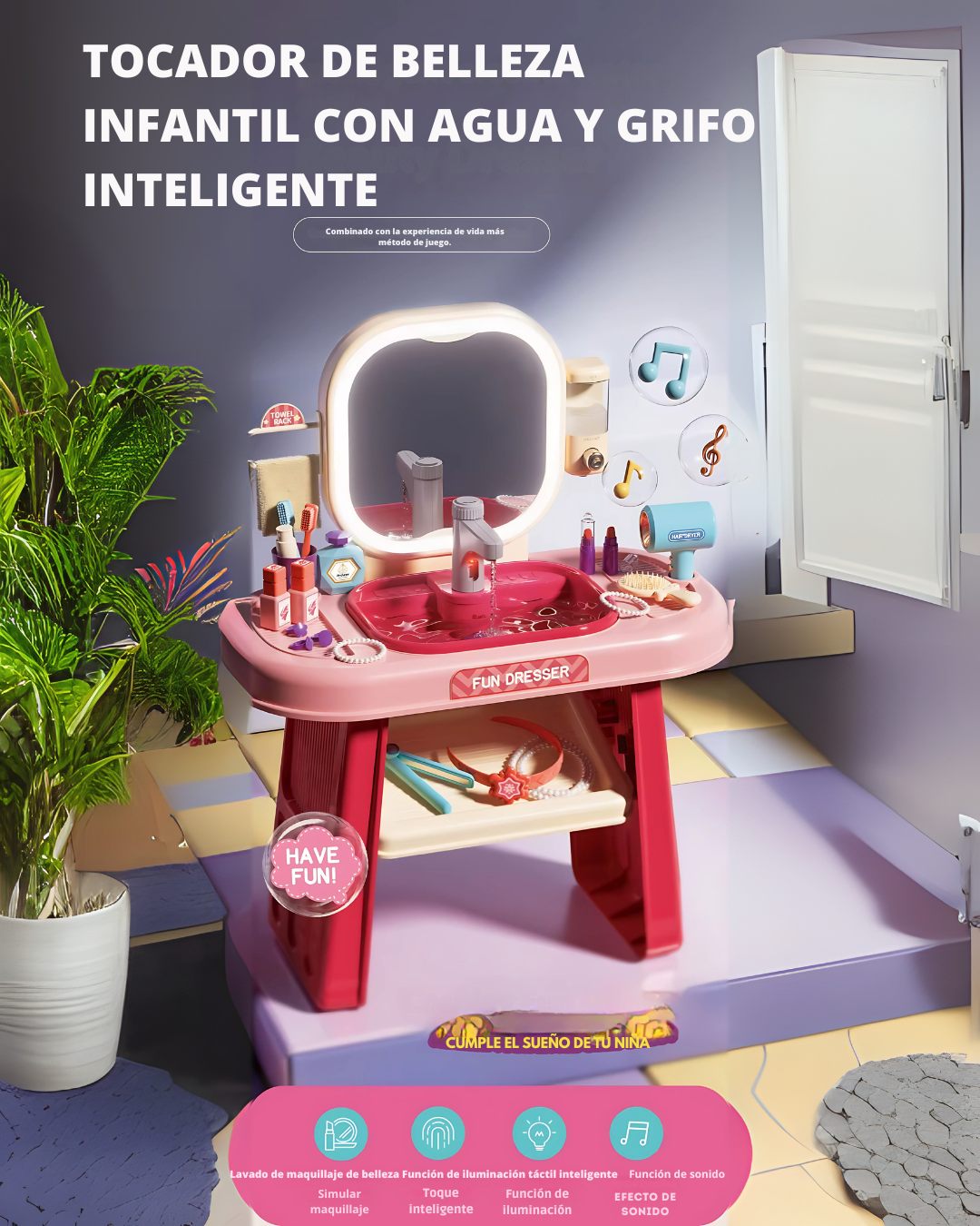 Tocador Infantil 3 en 1 con Agua Real, Luz LED y Accesorios – Juguete Educativo para Niñas