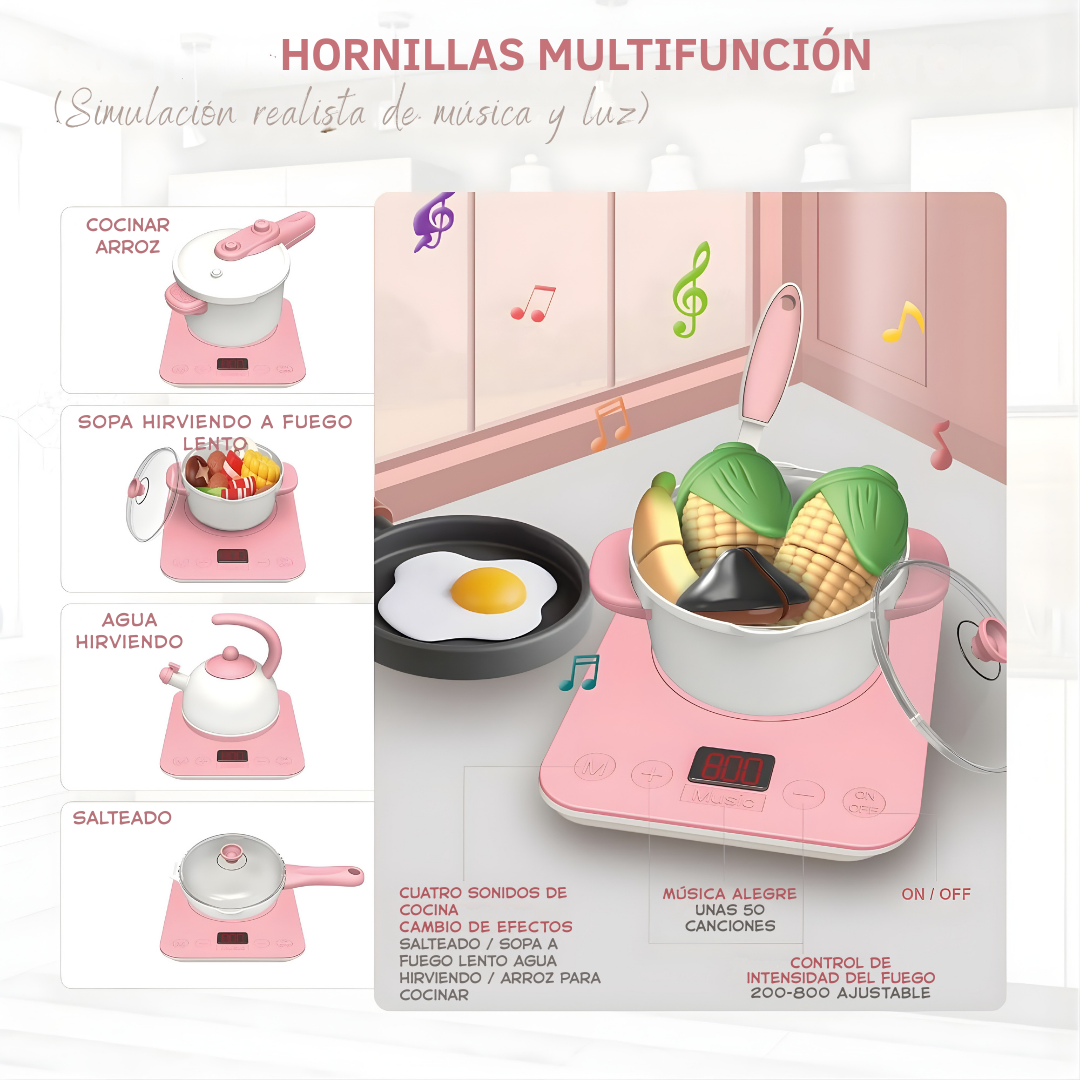 Cocina Infantil 100 cm Ancha con Agua y Luz + Hornilla Pequeña | Mundo Carlita