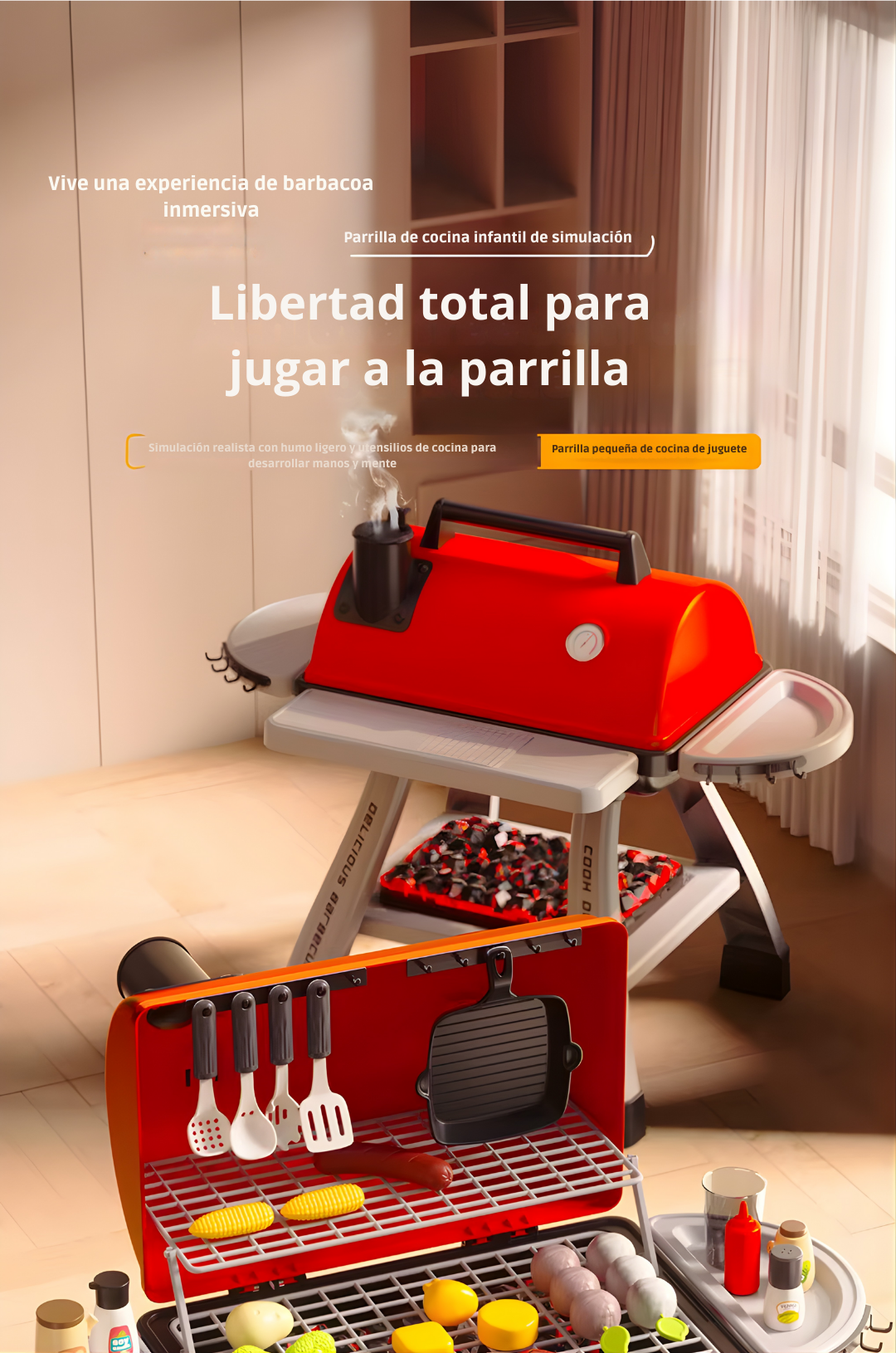 Parrilla Barbacoa Infantil 66 cm con Humo y Música | Cocina de Juguete DWI Dowellin