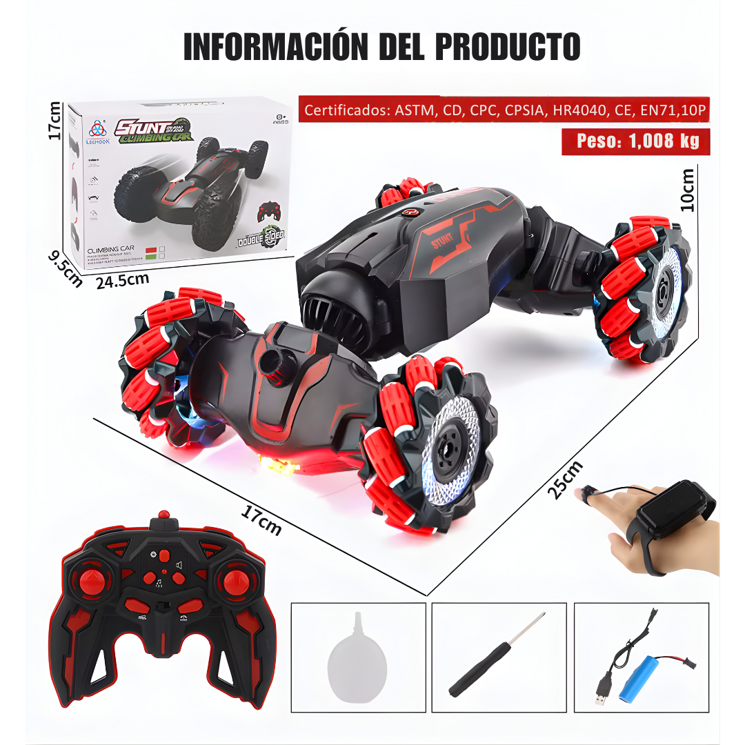 Auto RC Stunt 4WD con Control por Reloj y Gestos, Giro 360° y Luces LED