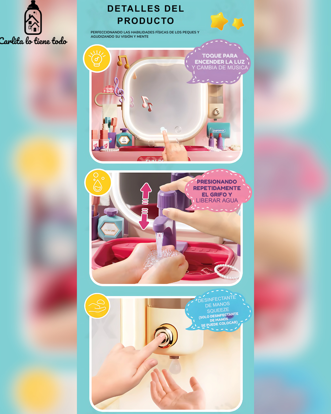 Tocador Infantil 3 en 1 con Agua Real, Luz LED y Accesorios – Juguete Educativo para Niñas
