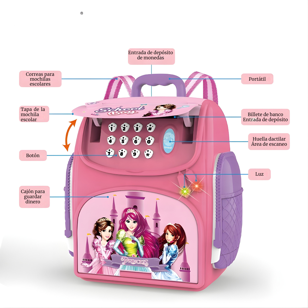 Alcancía Infantil Tipo Mochila con Contraseña y “Huella” | Alimentación Automática de Billetes