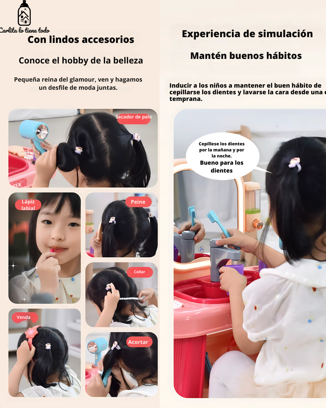 Tocador Infantil 3 en 1 con Agua Real, Luz LED y Accesorios – Juguete Educativo para Niñas