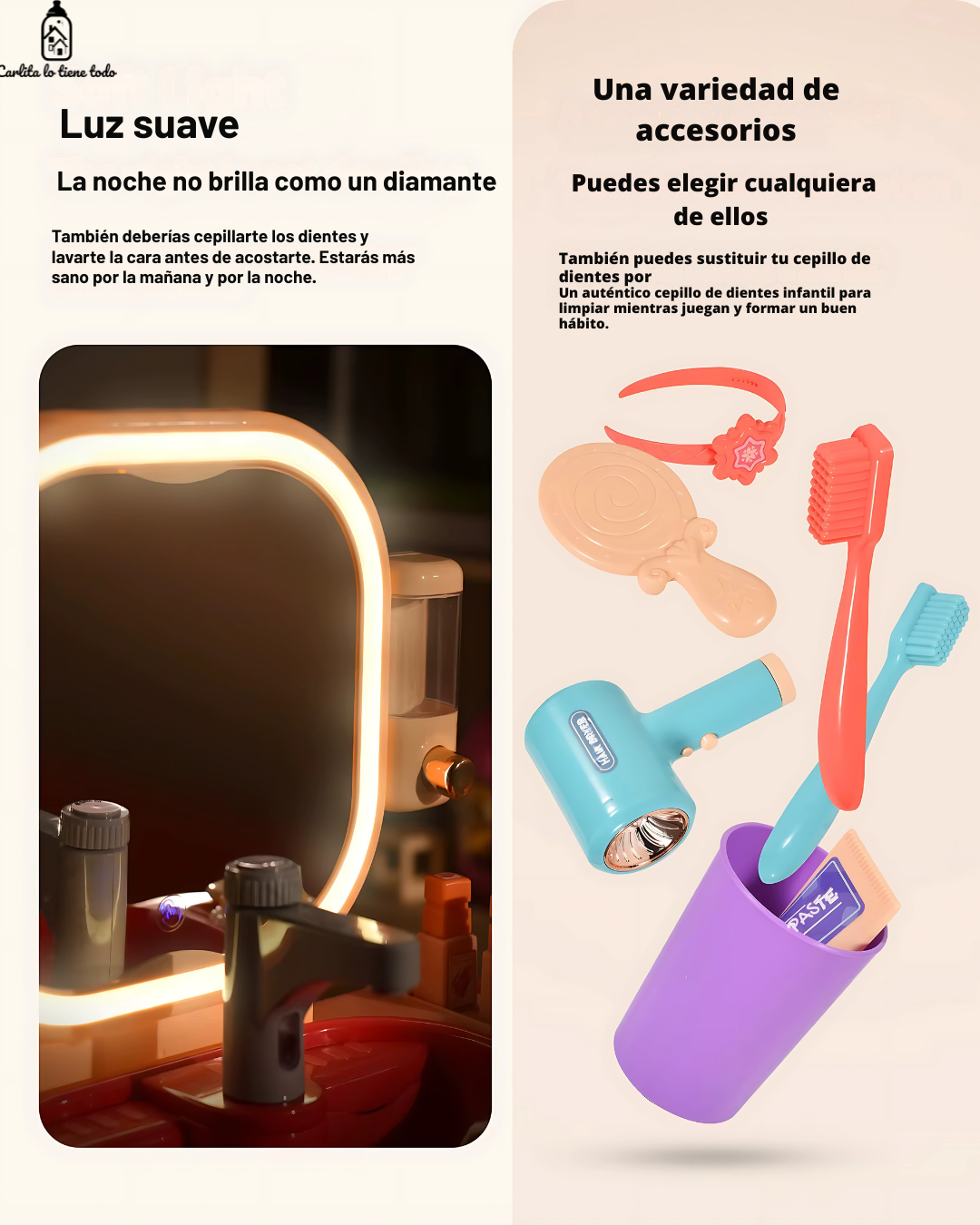 Tocador Infantil 3 en 1 con Agua Real, Luz LED y Accesorios – Juguete Educativo para Niñas