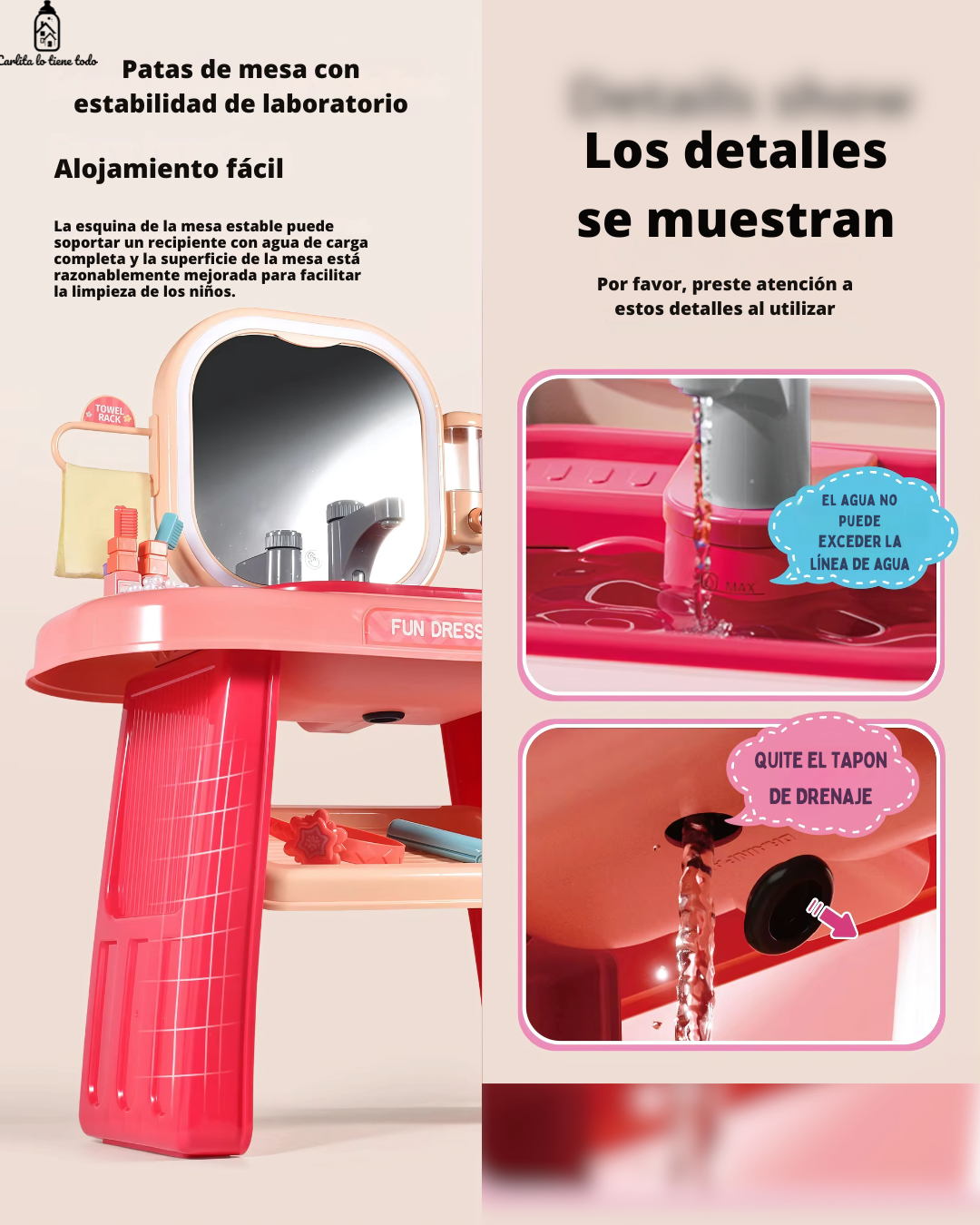 Tocador Infantil 3 en 1 con Agua Real, Luz LED y Accesorios – Juguete Educativo para Niñas