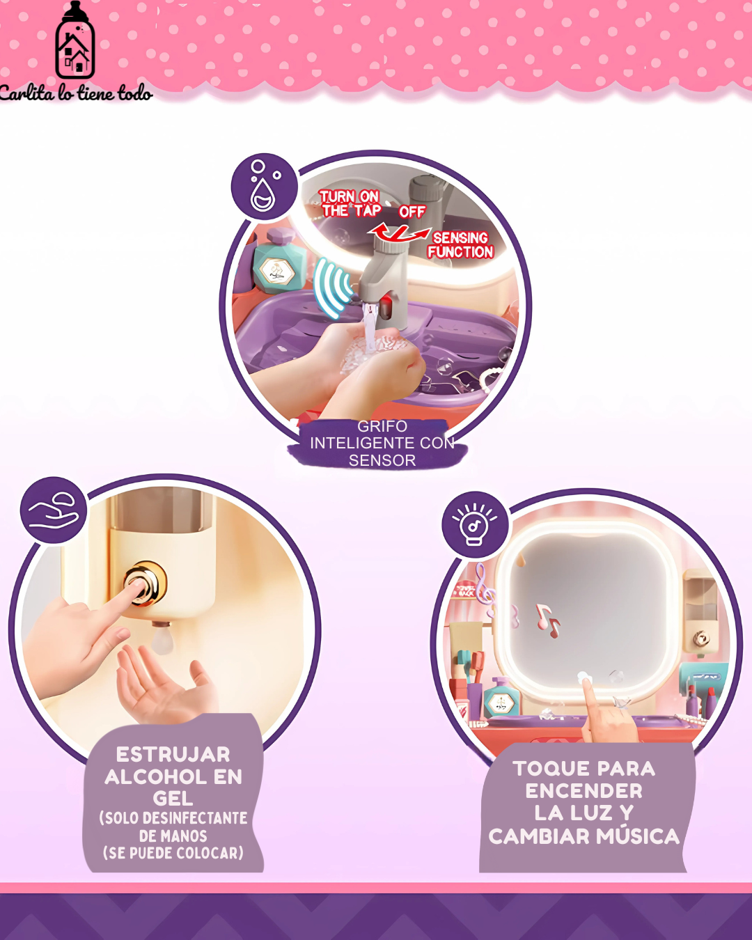 Tocador Infantil 3 en 1 con Agua Real, Luz LED y Accesorios – Juguete Educativo para Niñas