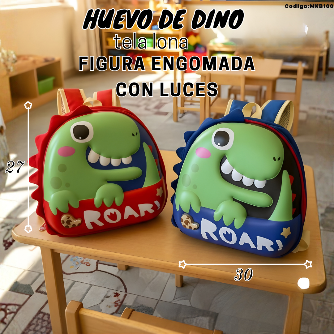 Mochila Infantil “Huevo de Dino” 27×30 cm con Luces | Lona + Figura Engomada (Rojo/Azul)
