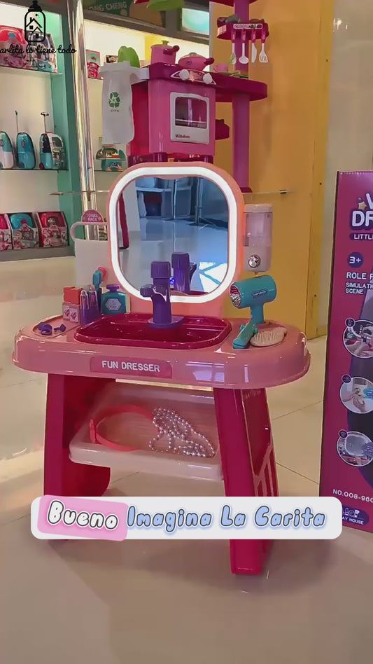 Tocador Infantil 3 en 1 con Agua Real, Luz LED y Accesorios – Juguete Educativo para Niñas